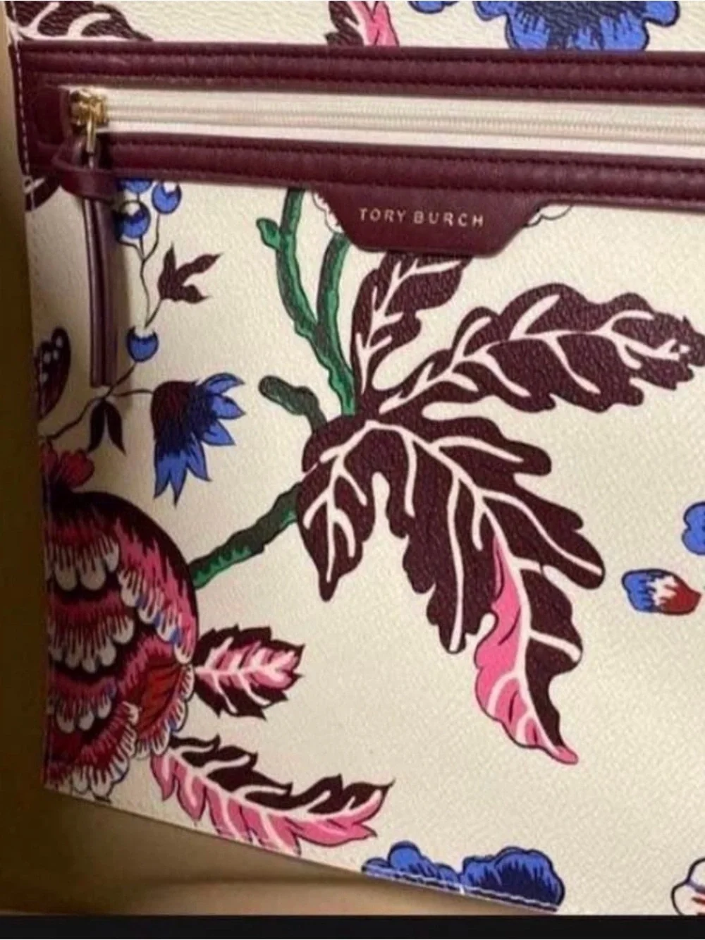 Tory Burch Floral Canvas Tote with Burgundy Handles